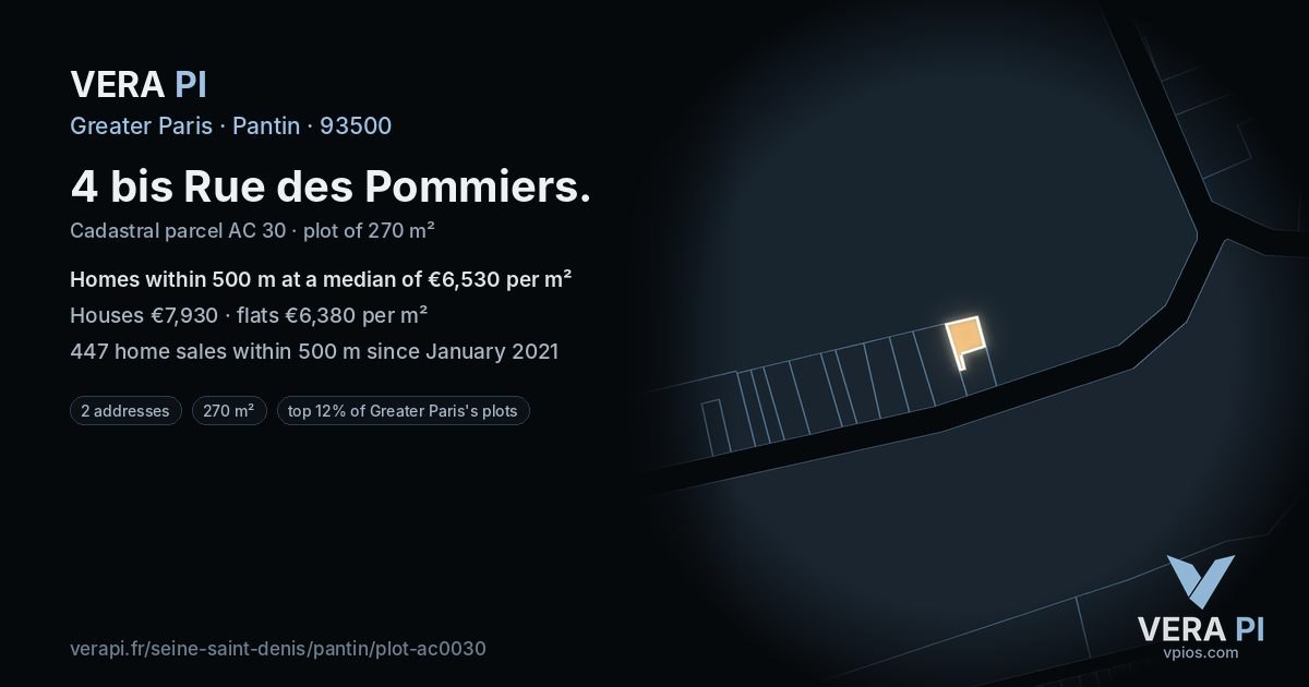 4 bis Rue des Pommiers, Pantin at night – the plot lit, the parcels around coloured by the prices near them