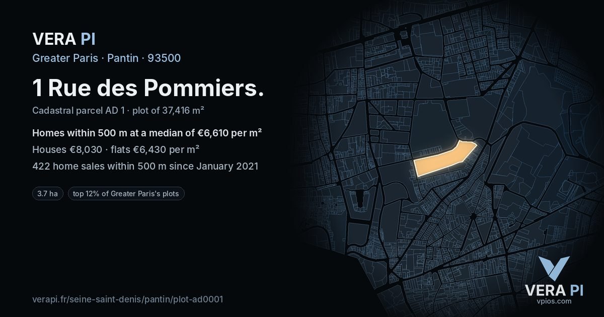1 Rue des Pommiers, Pantin at night – the plot lit, the parcels around coloured by the prices near them