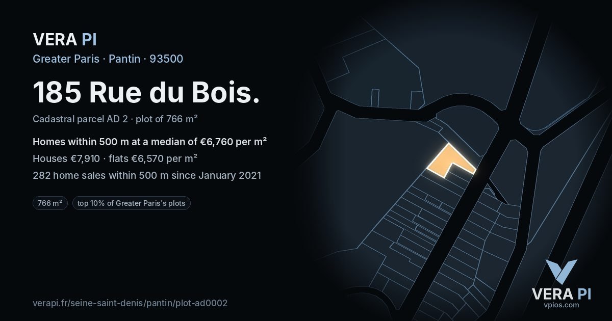 185 Rue du Bois, Pantin at night – the plot lit, the parcels around coloured by the prices near them