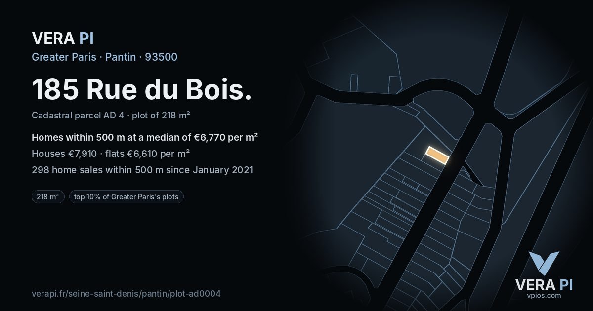 185 Rue du Bois, Pantin at night – the plot lit, the parcels around coloured by the prices near them