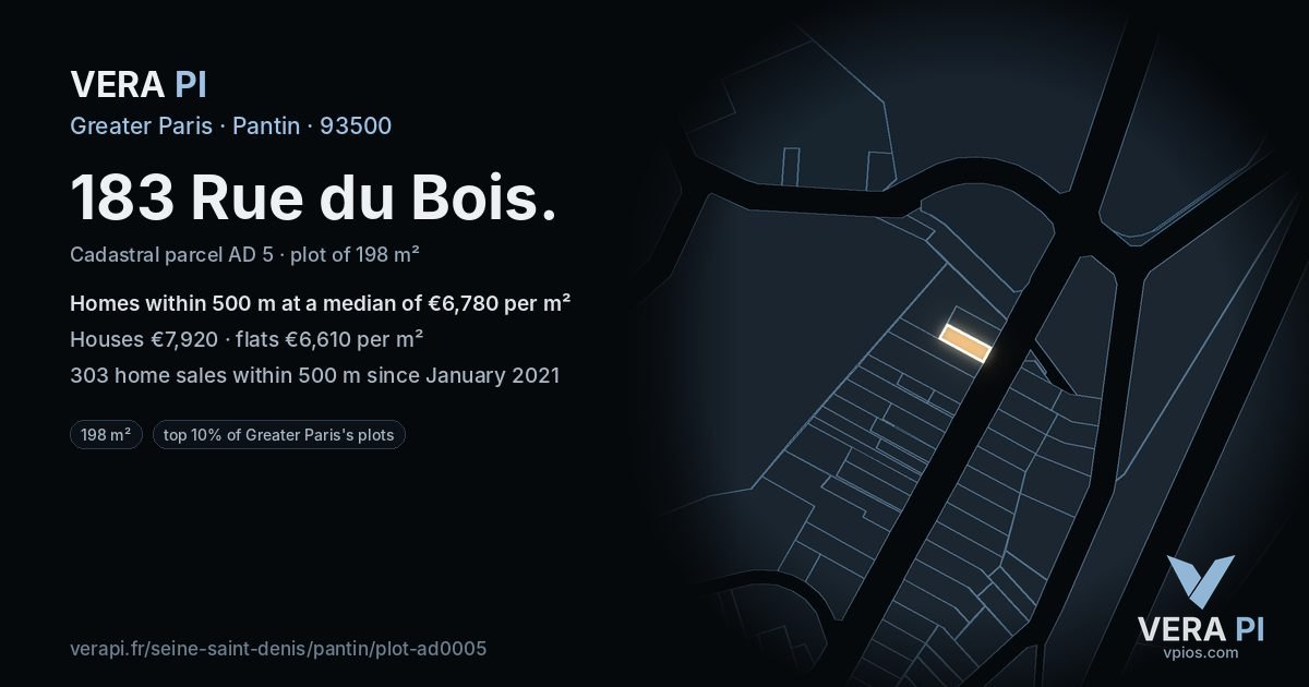 183 Rue du Bois, Pantin at night – the plot lit, the parcels around coloured by the prices near them
