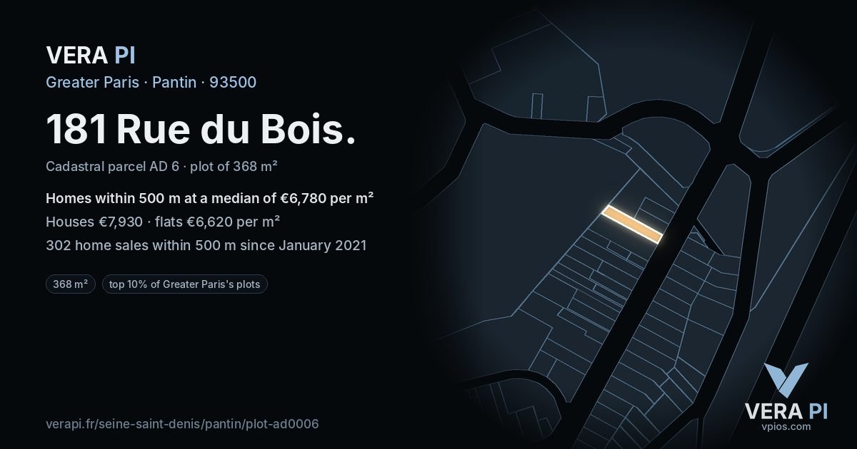 181 Rue du Bois, Pantin at night – the plot lit, the parcels around coloured by the prices near them