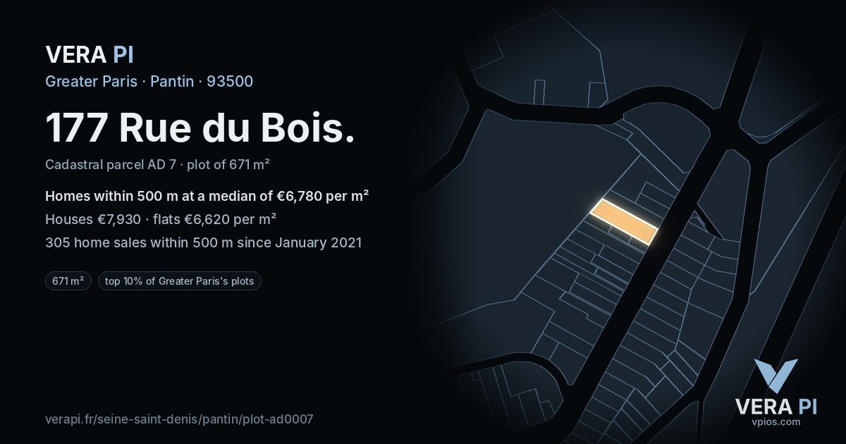 177 Rue du Bois, Pantin at night – the plot lit, the parcels around coloured by the prices near them