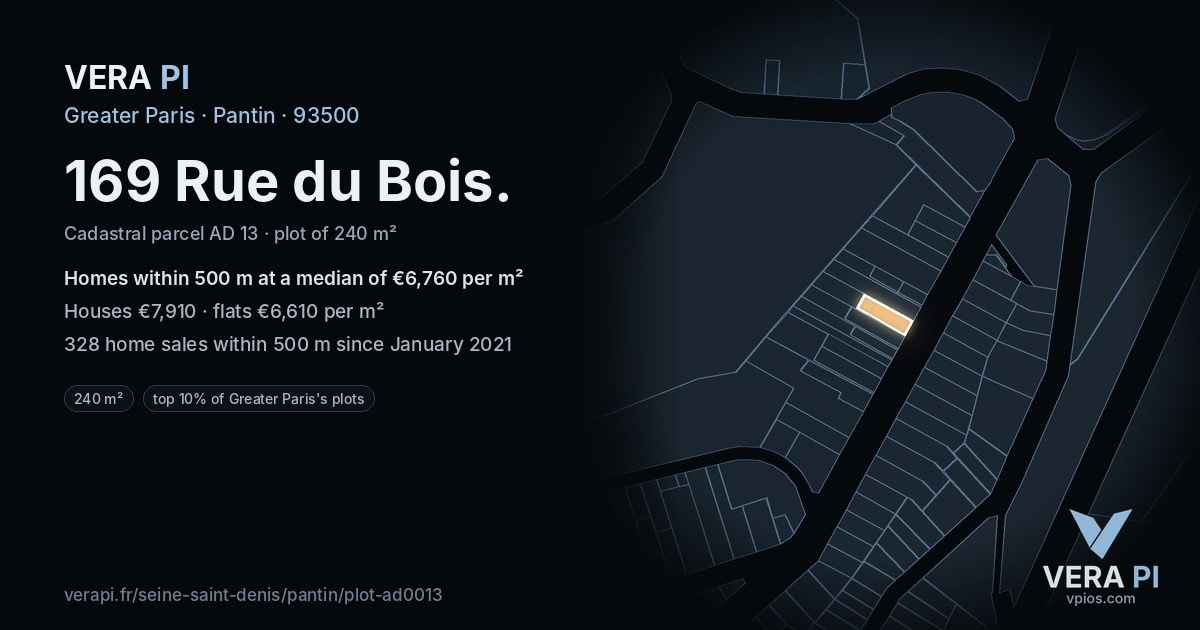 169 Rue du Bois, Pantin at night – the plot lit, the parcels around coloured by the prices near them