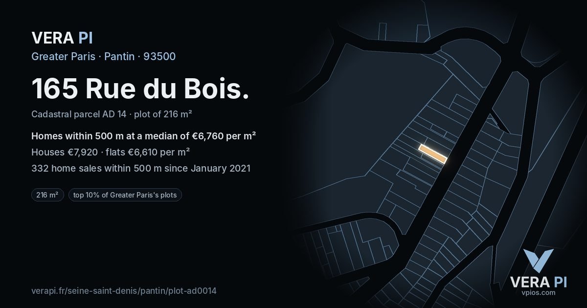 165 Rue du Bois, Pantin at night – the plot lit, the parcels around coloured by the prices near them
