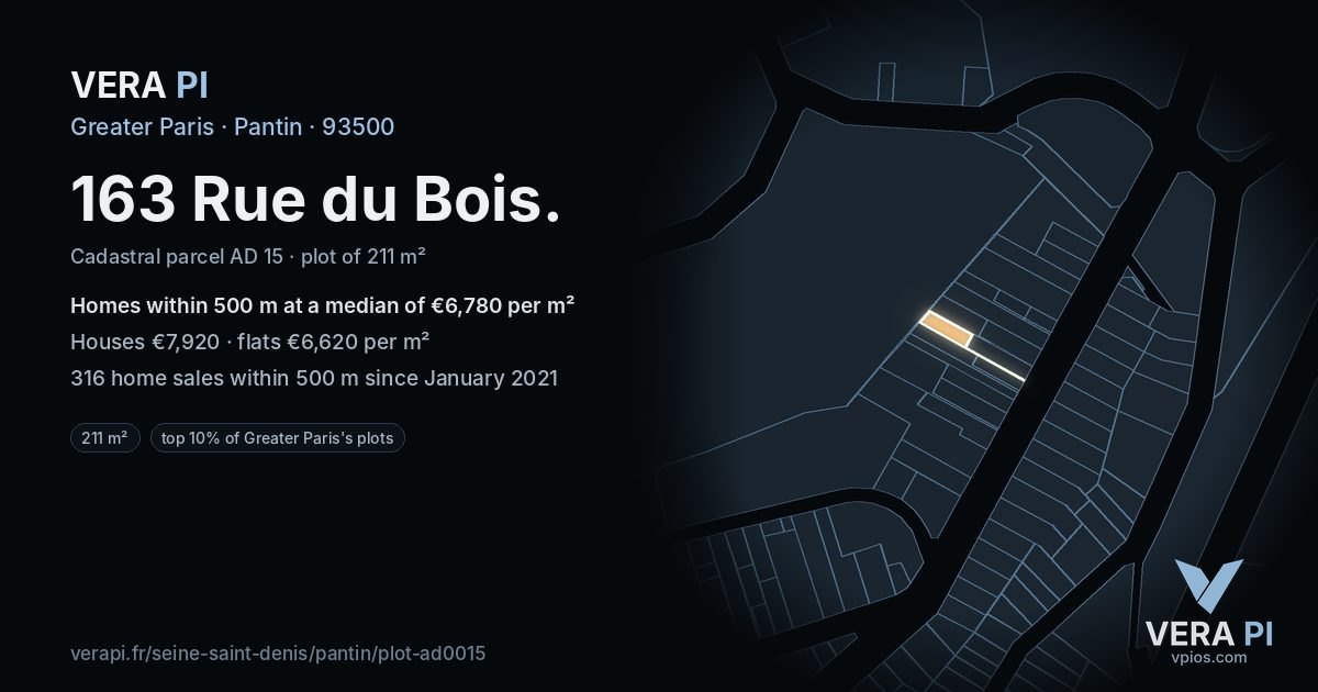 163 Rue du Bois, Pantin at night – the plot lit, the parcels around coloured by the prices near them