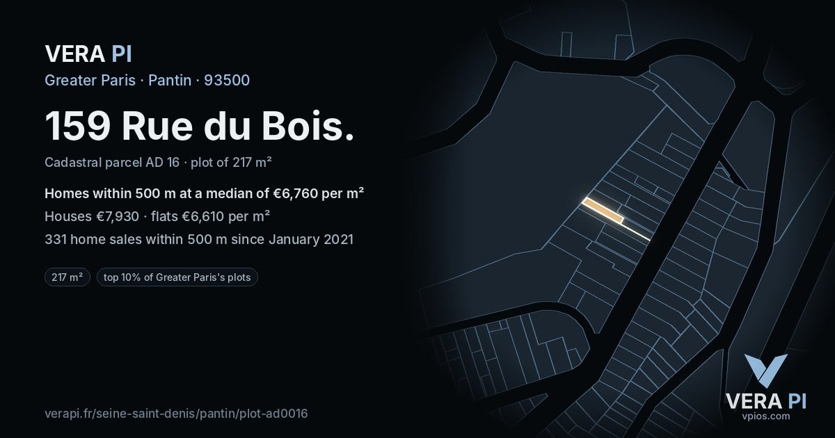 159 Rue du Bois, Pantin at night – the plot lit, the parcels around coloured by the prices near them
