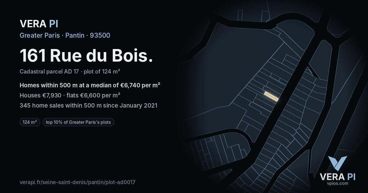 161 Rue du Bois, Pantin at night – the plot lit, the parcels around coloured by the prices near them