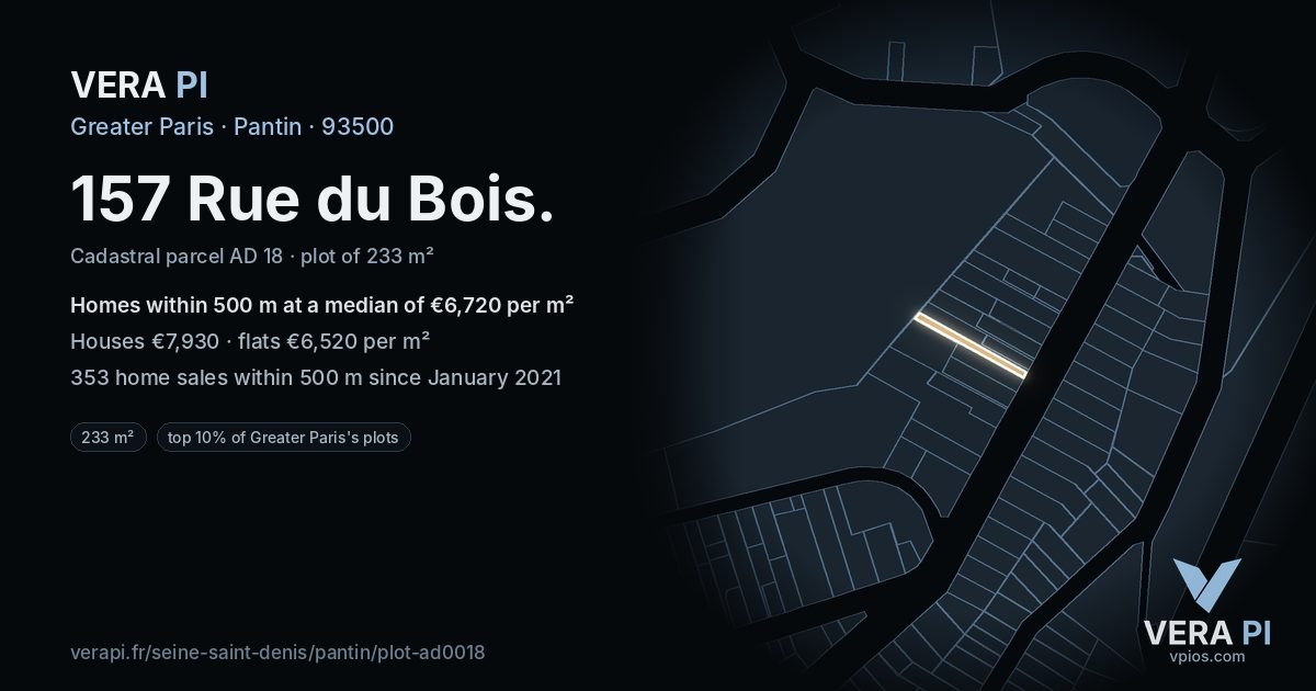 157 Rue du Bois, Pantin at night – the plot lit, the parcels around coloured by the prices near them
