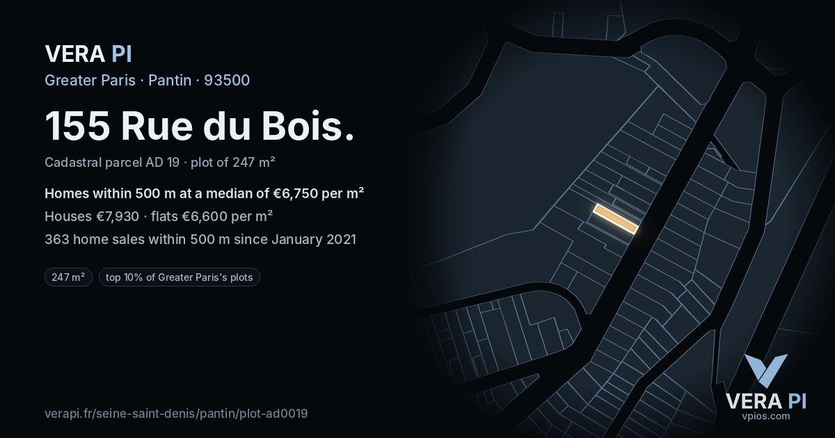 155 Rue du Bois, Pantin at night – the plot lit, the parcels around coloured by the prices near them