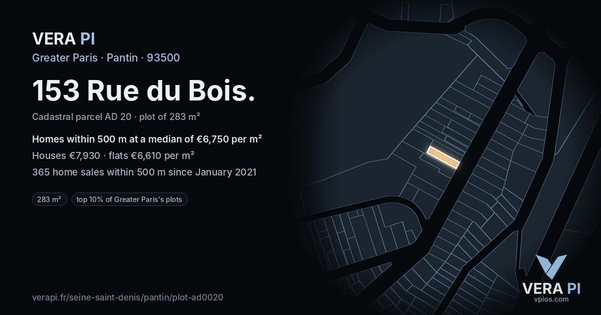 153 Rue du Bois, Pantin at night – the plot lit, the parcels around coloured by the prices near them
