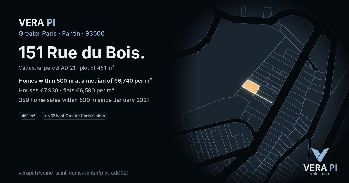 151 Rue du Bois, Pantin at night – the plot lit, the parcels around coloured by the prices near them