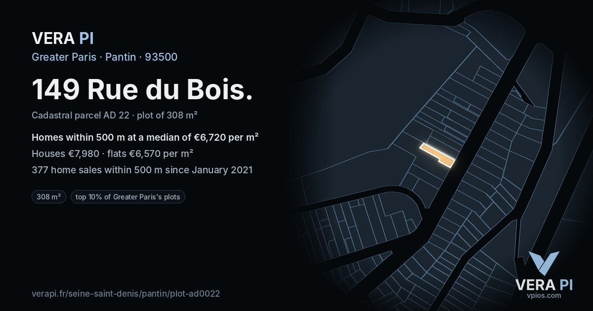 149 Rue du Bois, Pantin at night – the plot lit, the parcels around coloured by the prices near them