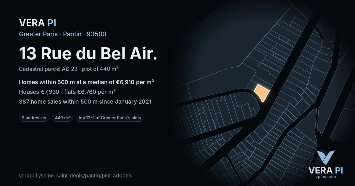 13 Rue du Bel Air, Pantin at night – the plot lit, the parcels around coloured by the prices near them