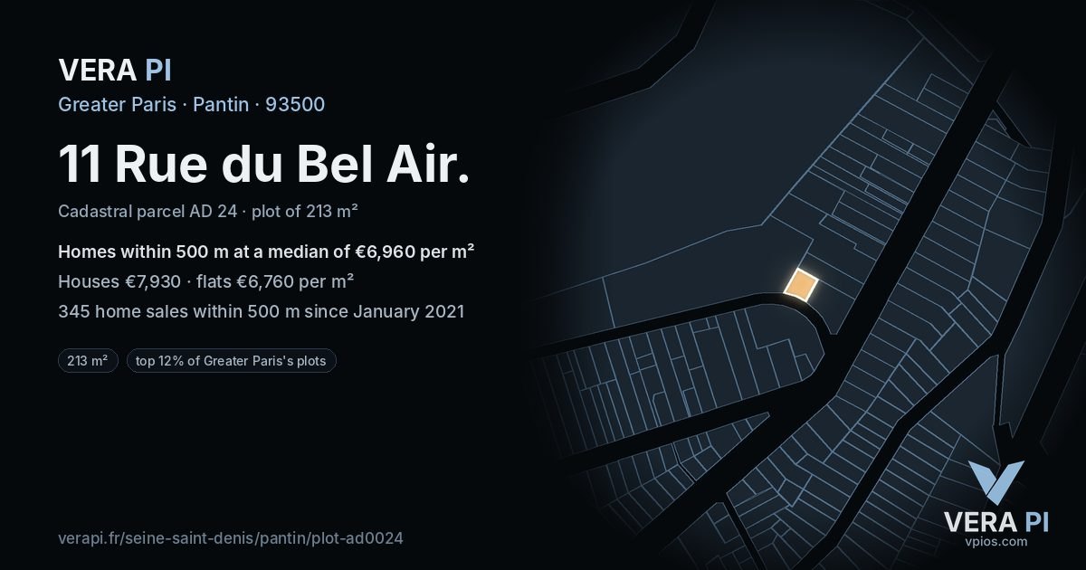 11 Rue du Bel Air, Pantin at night – the plot lit, the parcels around coloured by the prices near them