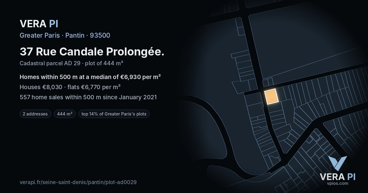 37 Rue Candale Prolongée, Pantin at night – the plot lit, the parcels around coloured by the prices near them