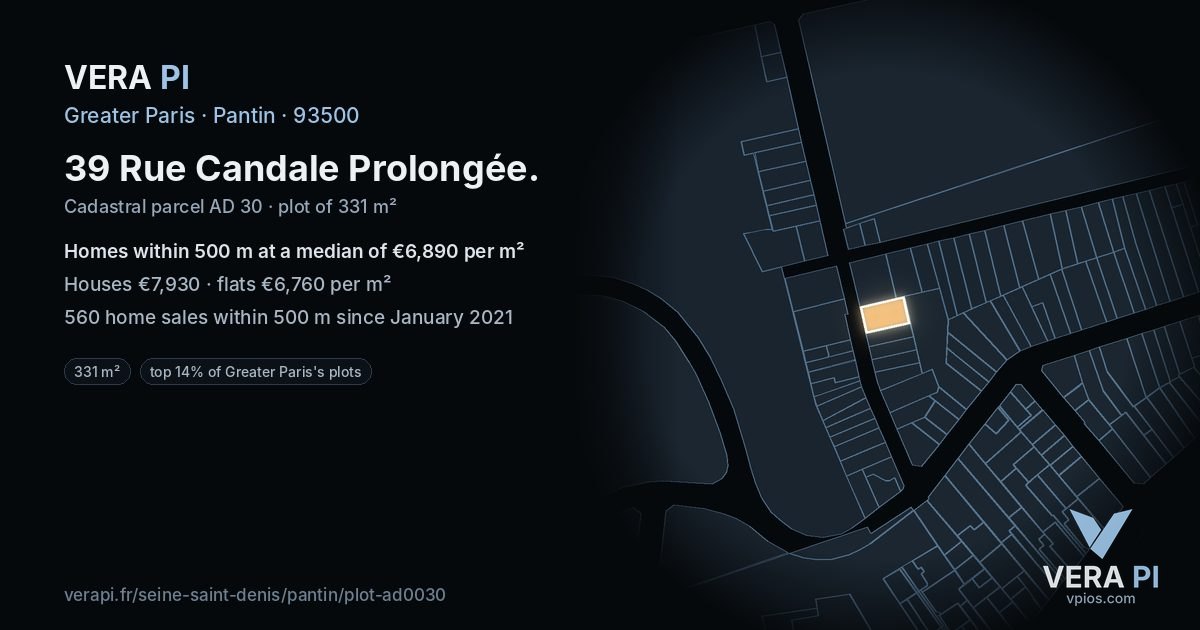 39 Rue Candale Prolongée, Pantin at night – the plot lit, the parcels around coloured by the prices near them