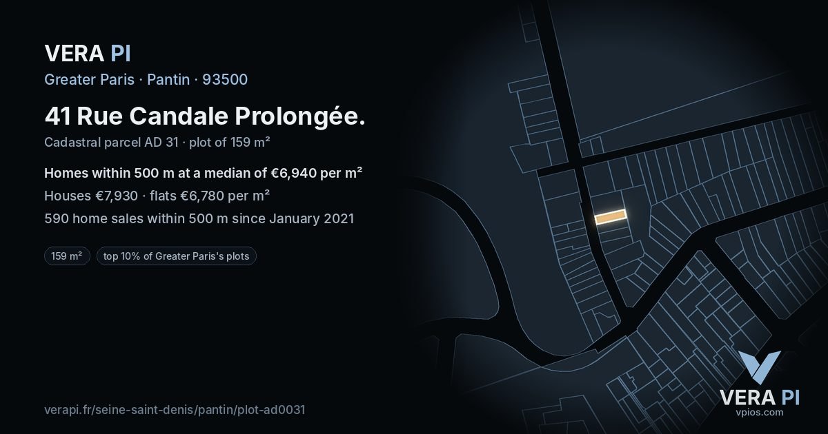 41 Rue Candale Prolongée, Pantin at night – the plot lit, the parcels around coloured by the prices near them