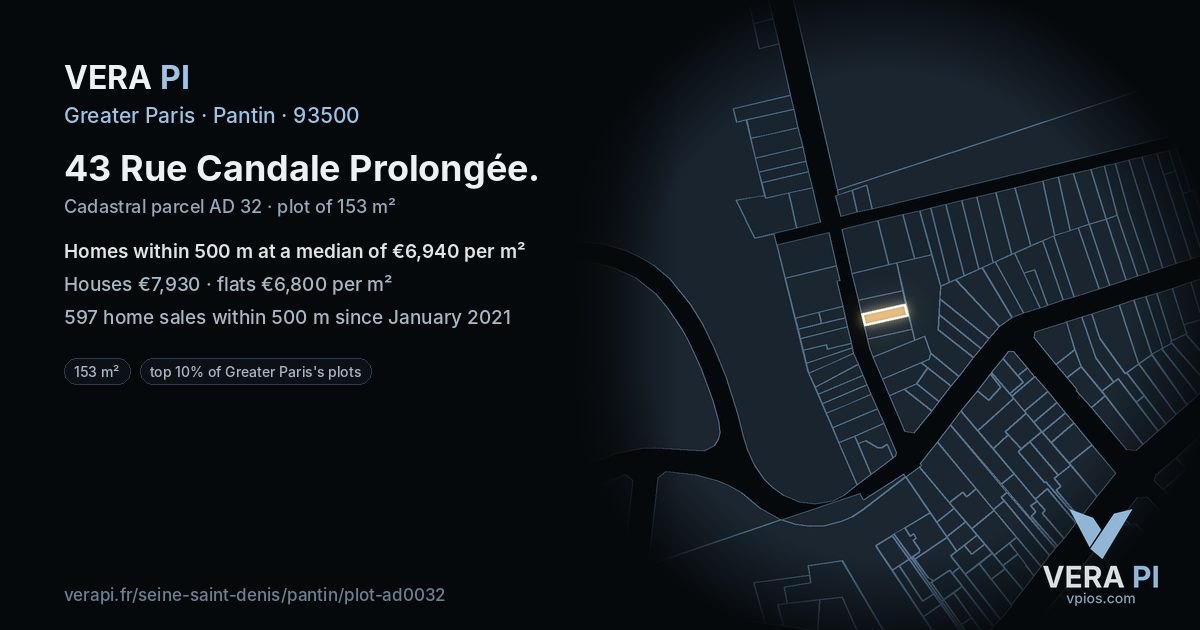 43 Rue Candale Prolongée, Pantin at night – the plot lit, the parcels around coloured by the prices near them