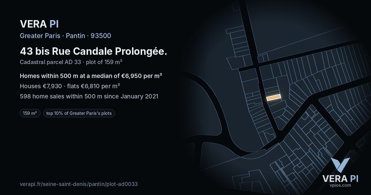 43 bis Rue Candale Prolongée, Pantin at night – the plot lit, the parcels around coloured by the prices near them