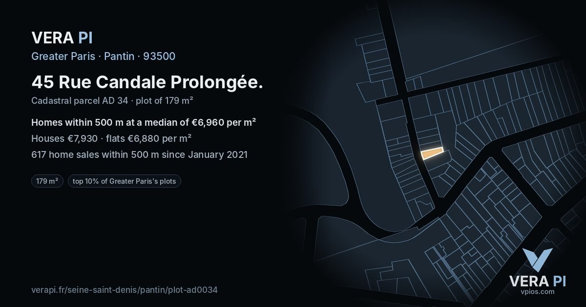 45 Rue Candale Prolongée, Pantin at night – the plot lit, the parcels around coloured by the prices near them