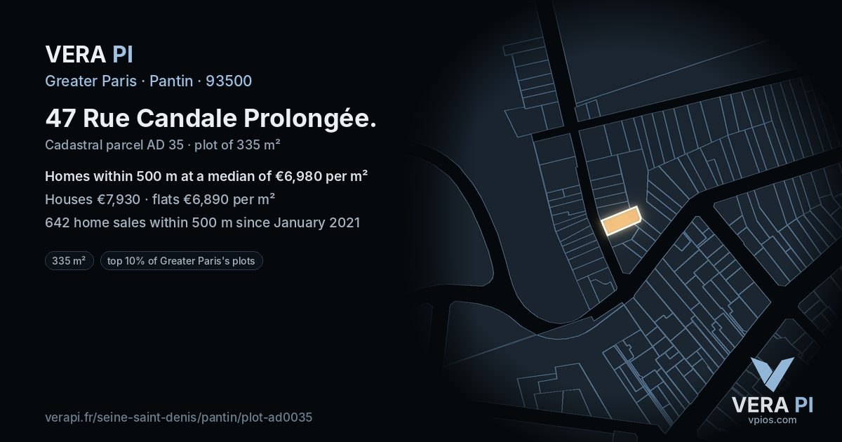 47 Rue Candale Prolongée, Pantin at night – the plot lit, the parcels around coloured by the prices near them