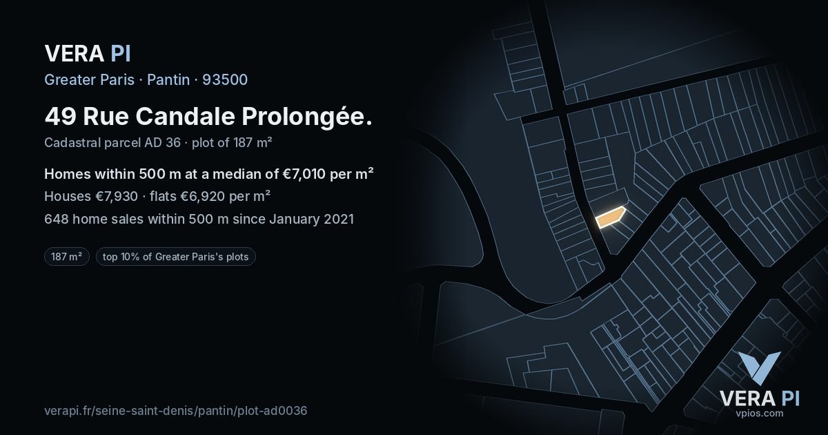 49 Rue Candale Prolongée, Pantin at night – the plot lit, the parcels around coloured by the prices near them