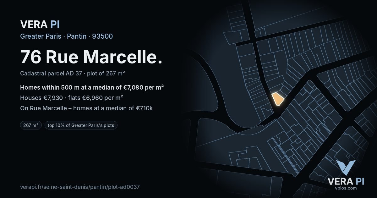 76 Rue Marcelle, Pantin at night – the plot lit, the parcels around coloured by the prices near them