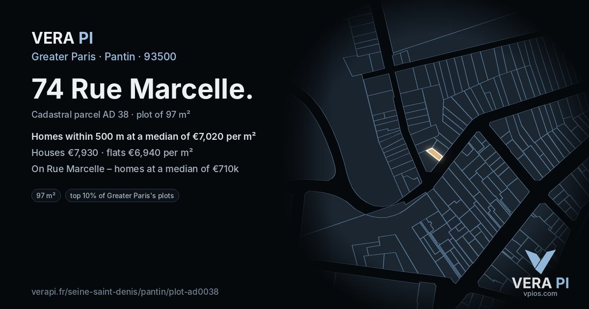 74 Rue Marcelle, Pantin at night – the plot lit, the parcels around coloured by the prices near them