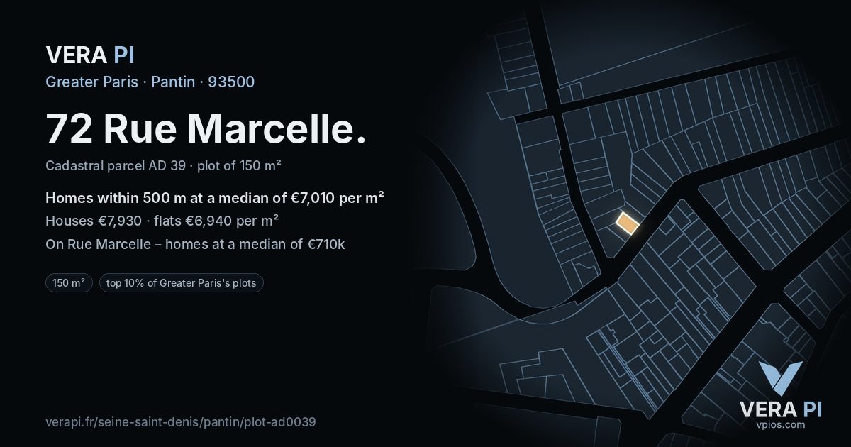 72 Rue Marcelle, Pantin at night – the plot lit, the parcels around coloured by the prices near them