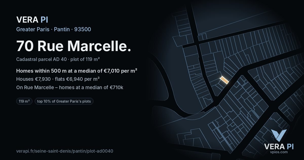 70 Rue Marcelle, Pantin at night – the plot lit, the parcels around coloured by the prices near them