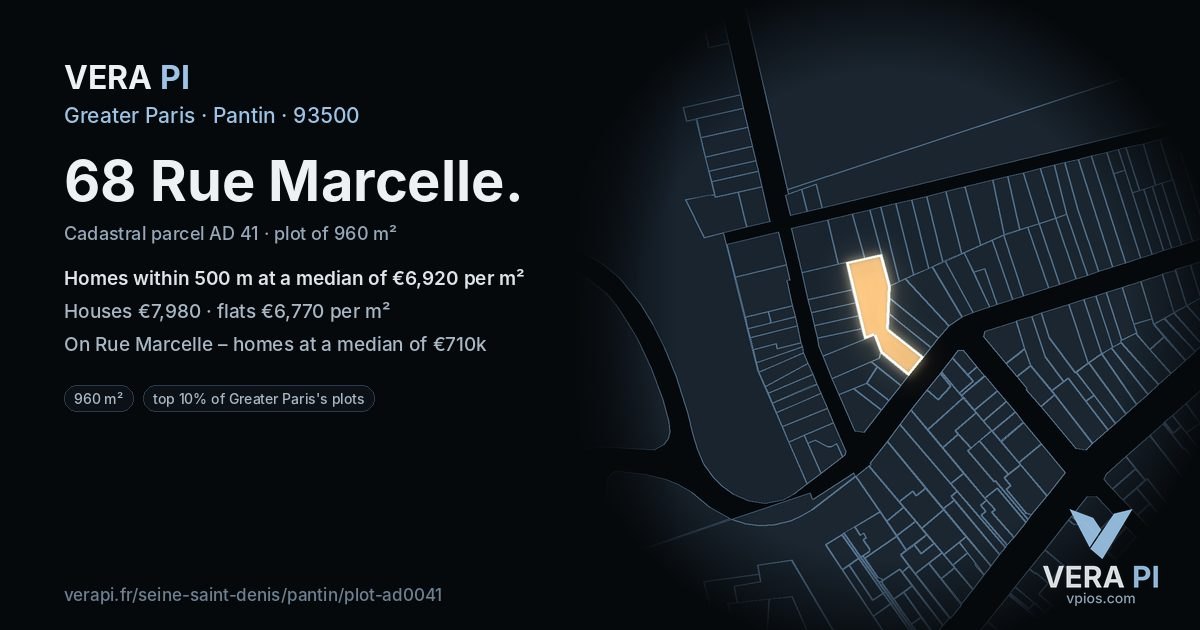 68 Rue Marcelle, Pantin at night – the plot lit, the parcels around coloured by the prices near them
