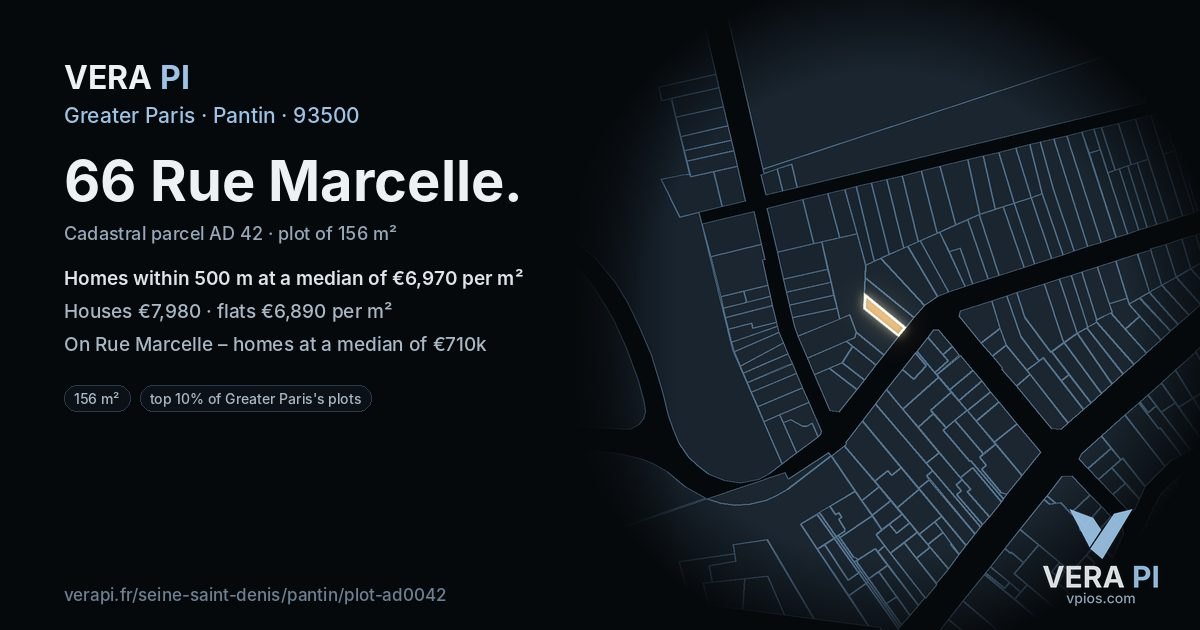 66 Rue Marcelle, Pantin at night – the plot lit, the parcels around coloured by the prices near them