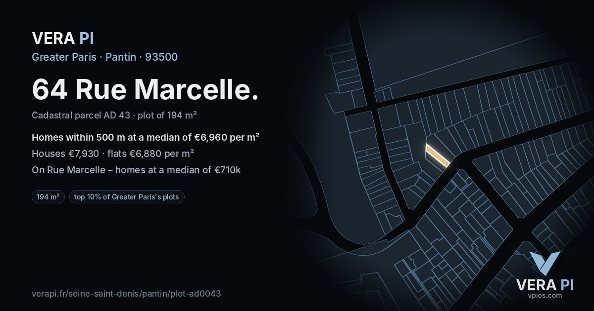 64 Rue Marcelle, Pantin at night – the plot lit, the parcels around coloured by the prices near them