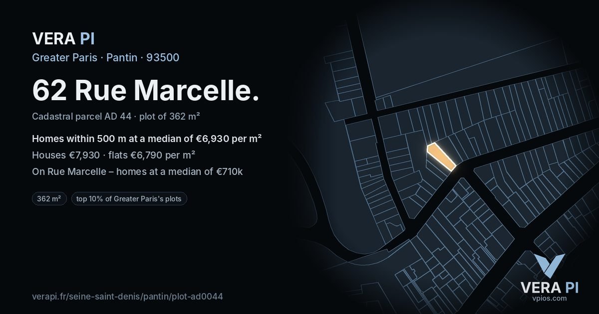 62 Rue Marcelle, Pantin at night – the plot lit, the parcels around coloured by the prices near them