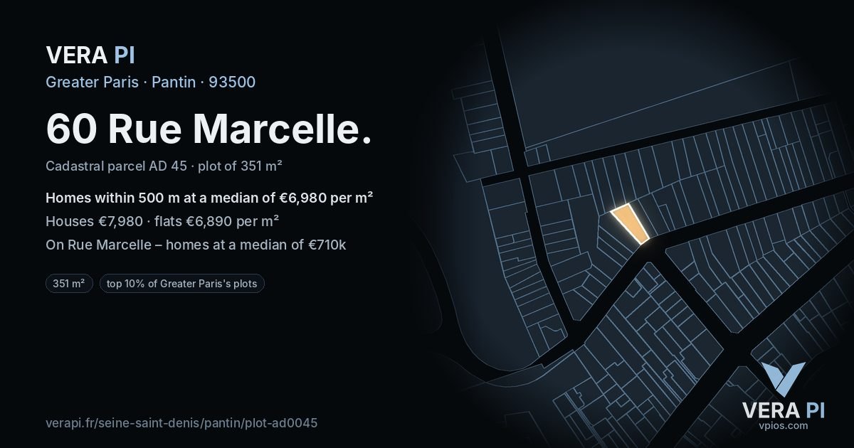 60 Rue Marcelle, Pantin at night – the plot lit, the parcels around coloured by the prices near them