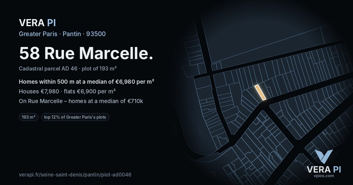 58 Rue Marcelle, Pantin at night – the plot lit, the parcels around coloured by the prices near them