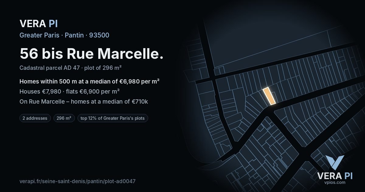 56 bis Rue Marcelle, Pantin at night – the plot lit, the parcels around coloured by the prices near them
