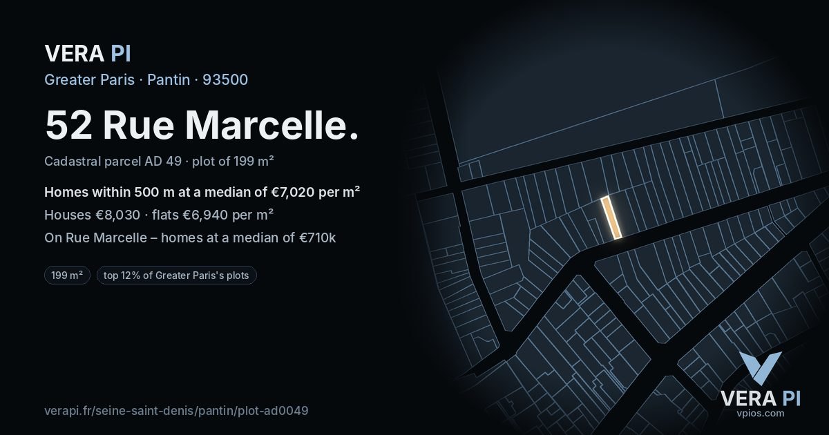 52 Rue Marcelle, Pantin at night – the plot lit, the parcels around coloured by the prices near them