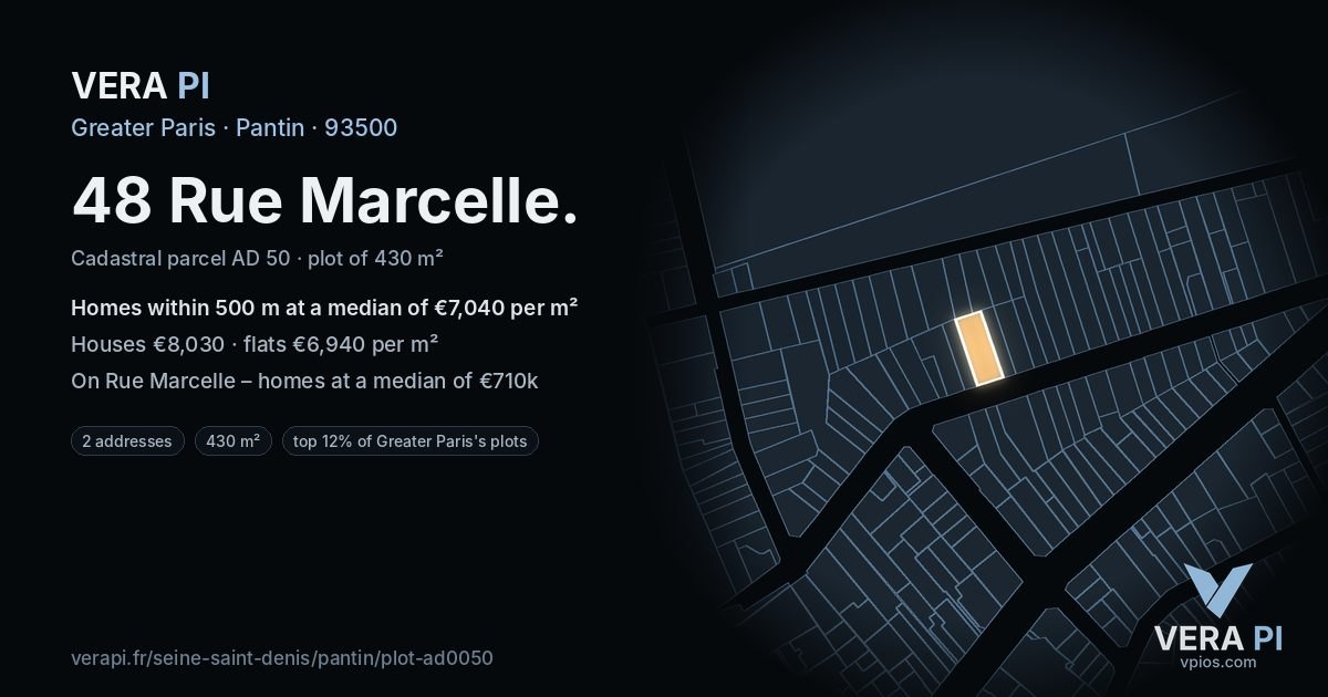48 Rue Marcelle, Pantin at night – the plot lit, the parcels around coloured by the prices near them