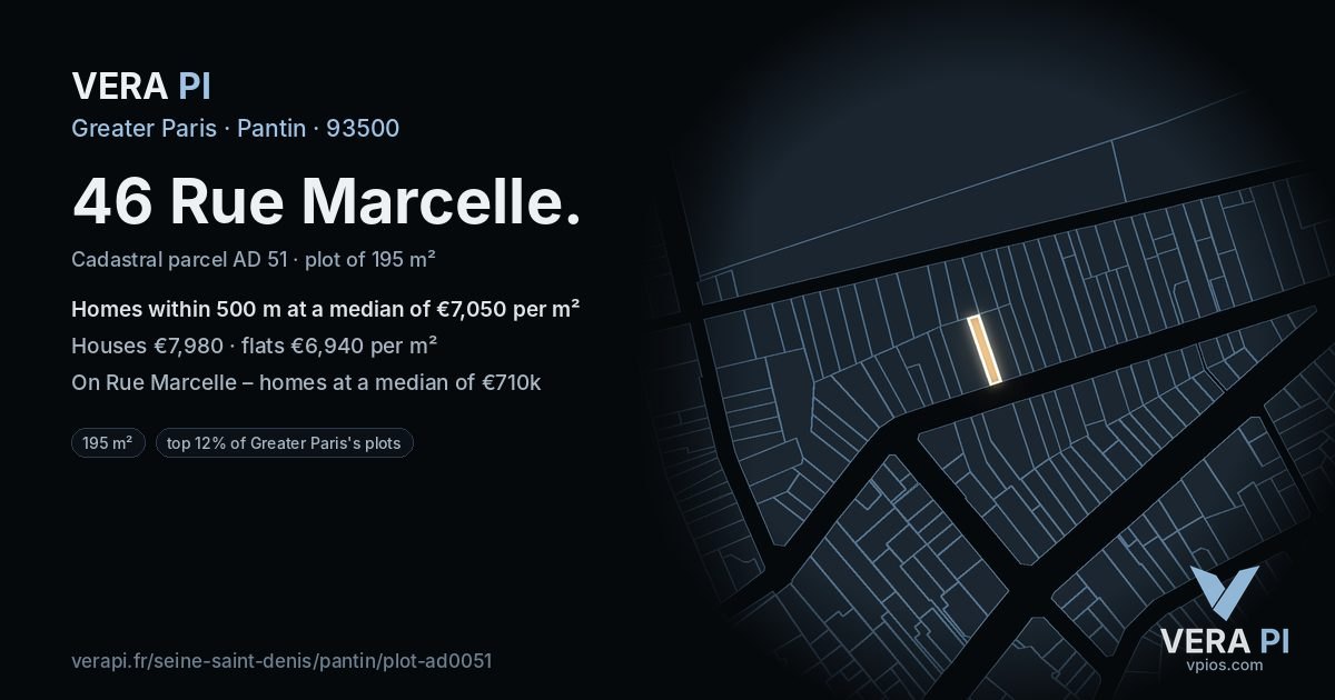 46 Rue Marcelle, Pantin at night – the plot lit, the parcels around coloured by the prices near them