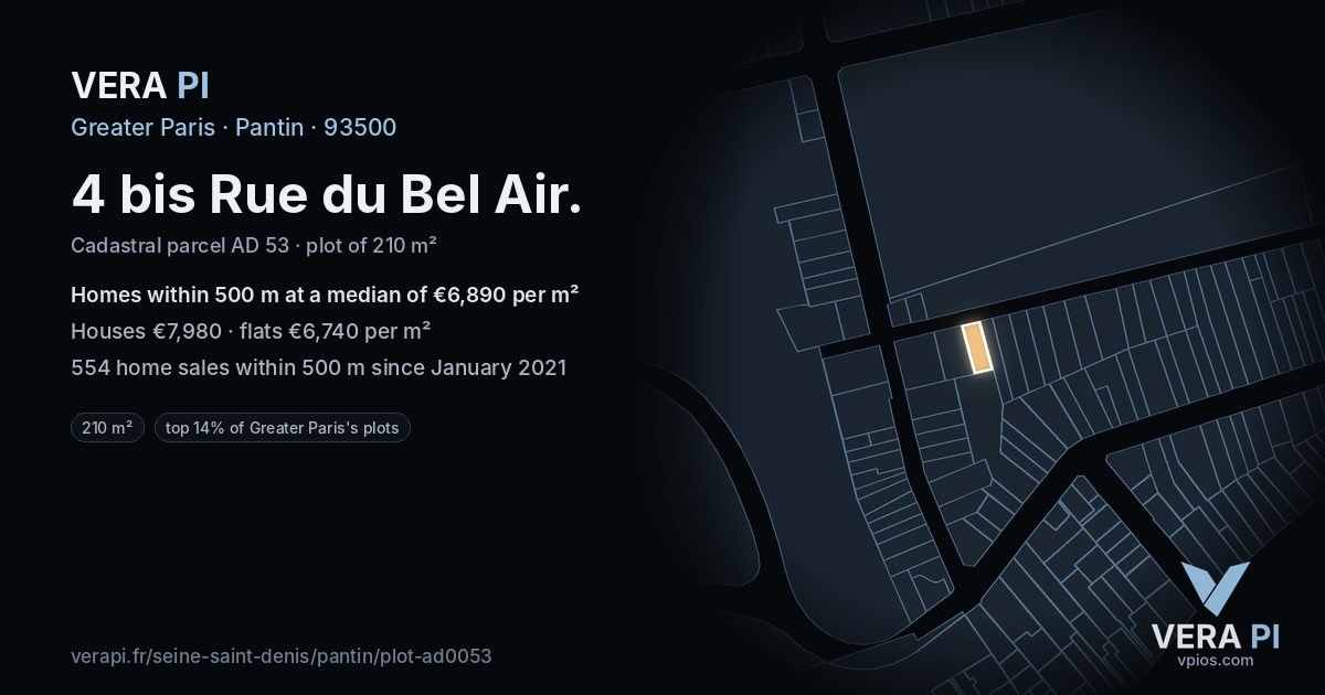 4 bis Rue du Bel Air, Pantin at night – the plot lit, the parcels around coloured by the prices near them