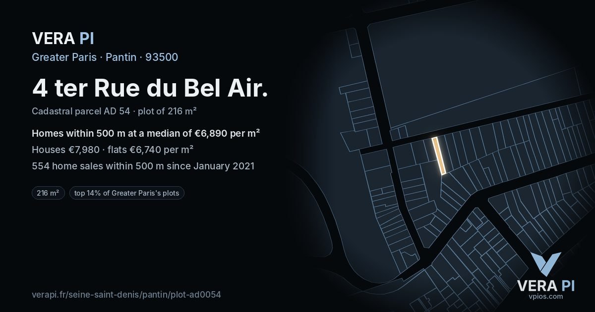 4 ter Rue du Bel Air, Pantin at night – the plot lit, the parcels around coloured by the prices near them