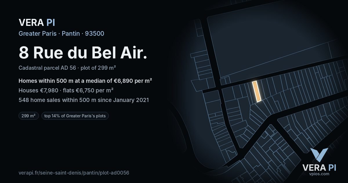8 Rue du Bel Air, Pantin at night – the plot lit, the parcels around coloured by the prices near them