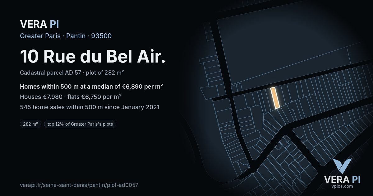 10 Rue du Bel Air, Pantin at night – the plot lit, the parcels around coloured by the prices near them