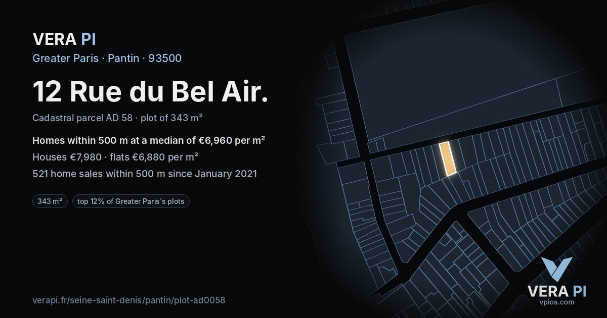 12 Rue du Bel Air, Pantin at night – the plot lit, the parcels around coloured by the prices near them