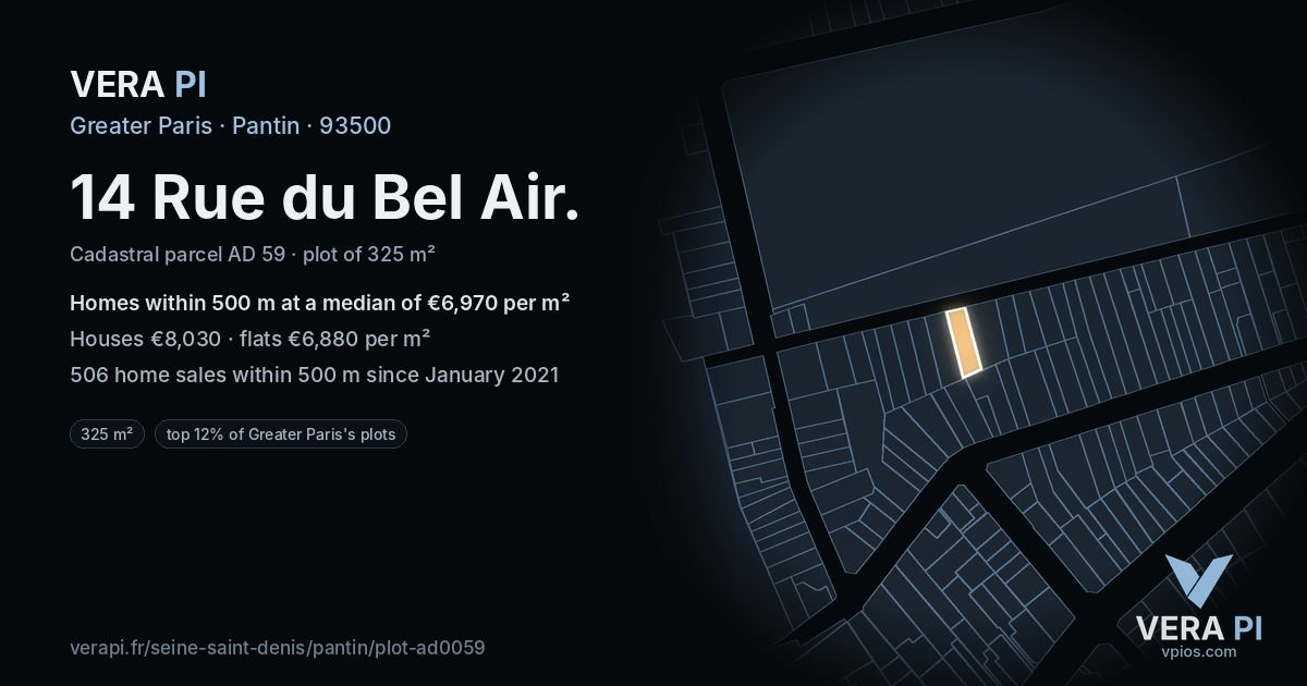 14 Rue du Bel Air, Pantin at night – the plot lit, the parcels around coloured by the prices near them