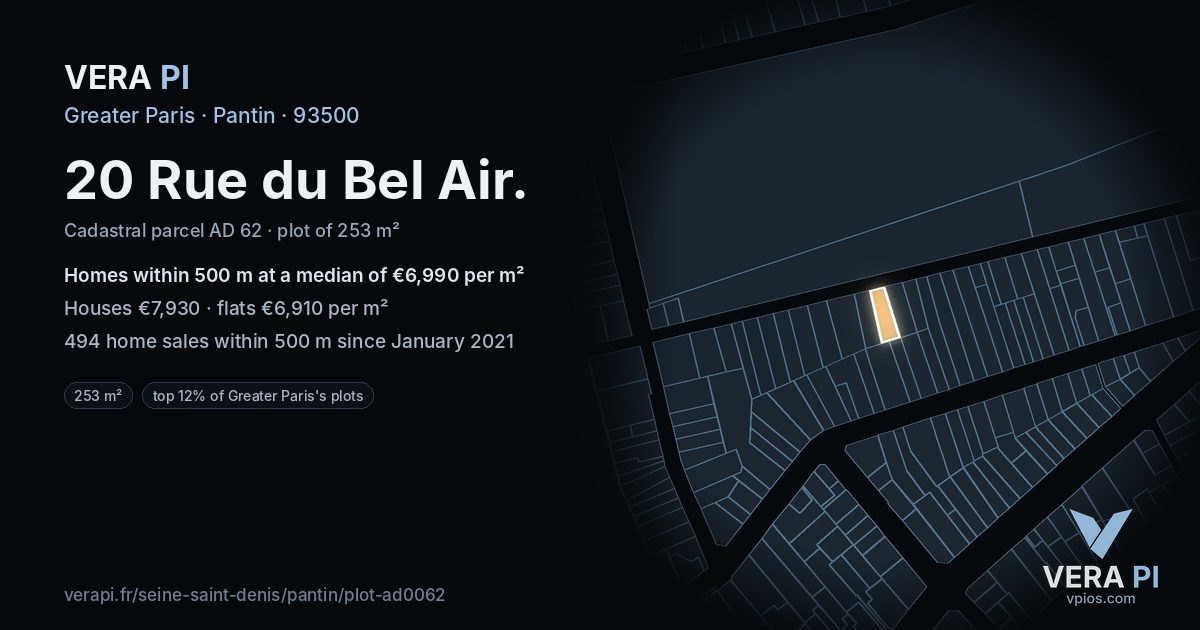 20 Rue du Bel Air, Pantin at night – the plot lit, the parcels around coloured by the prices near them