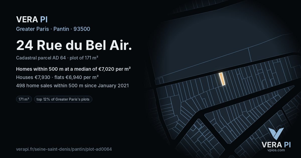 24 Rue du Bel Air, Pantin at night – the plot lit, the parcels around coloured by the prices near them
