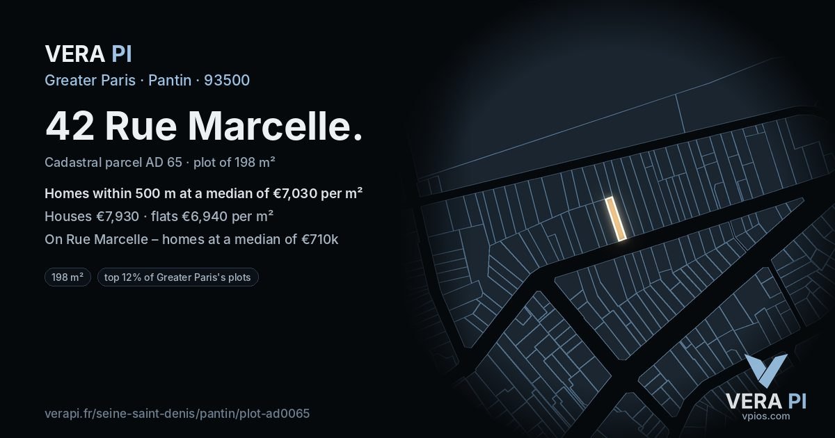 42 Rue Marcelle, Pantin at night – the plot lit, the parcels around coloured by the prices near them
